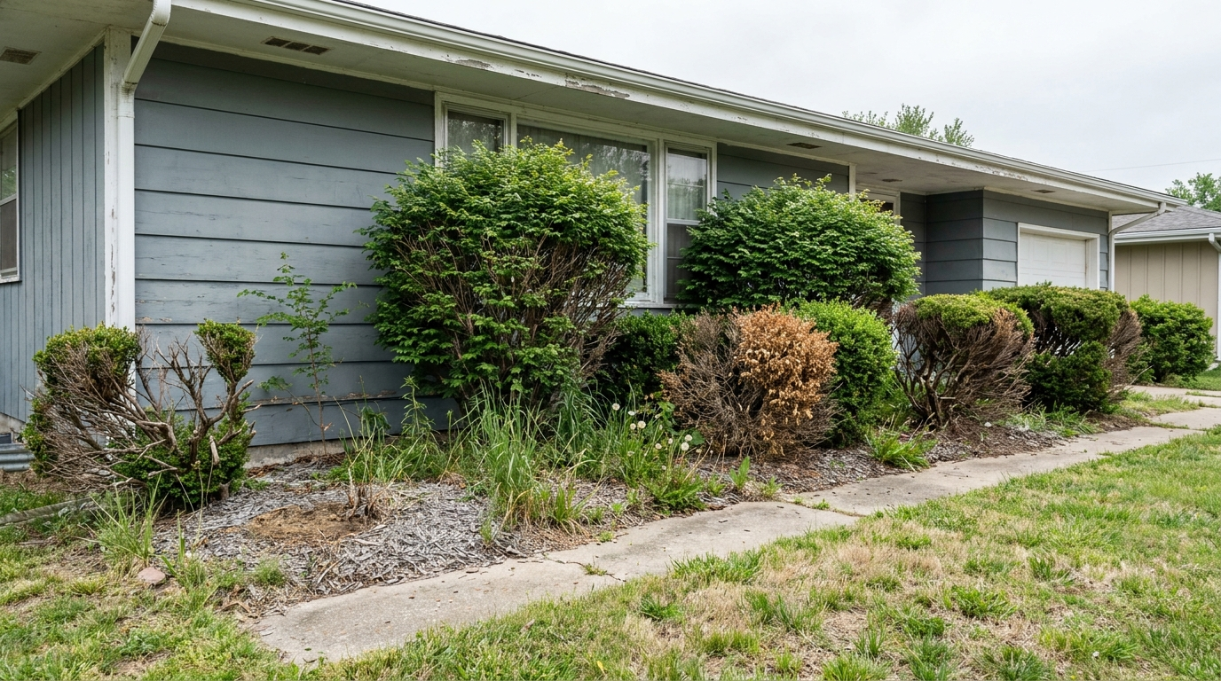 Before: overgrown foundation planting with no defined bed edge