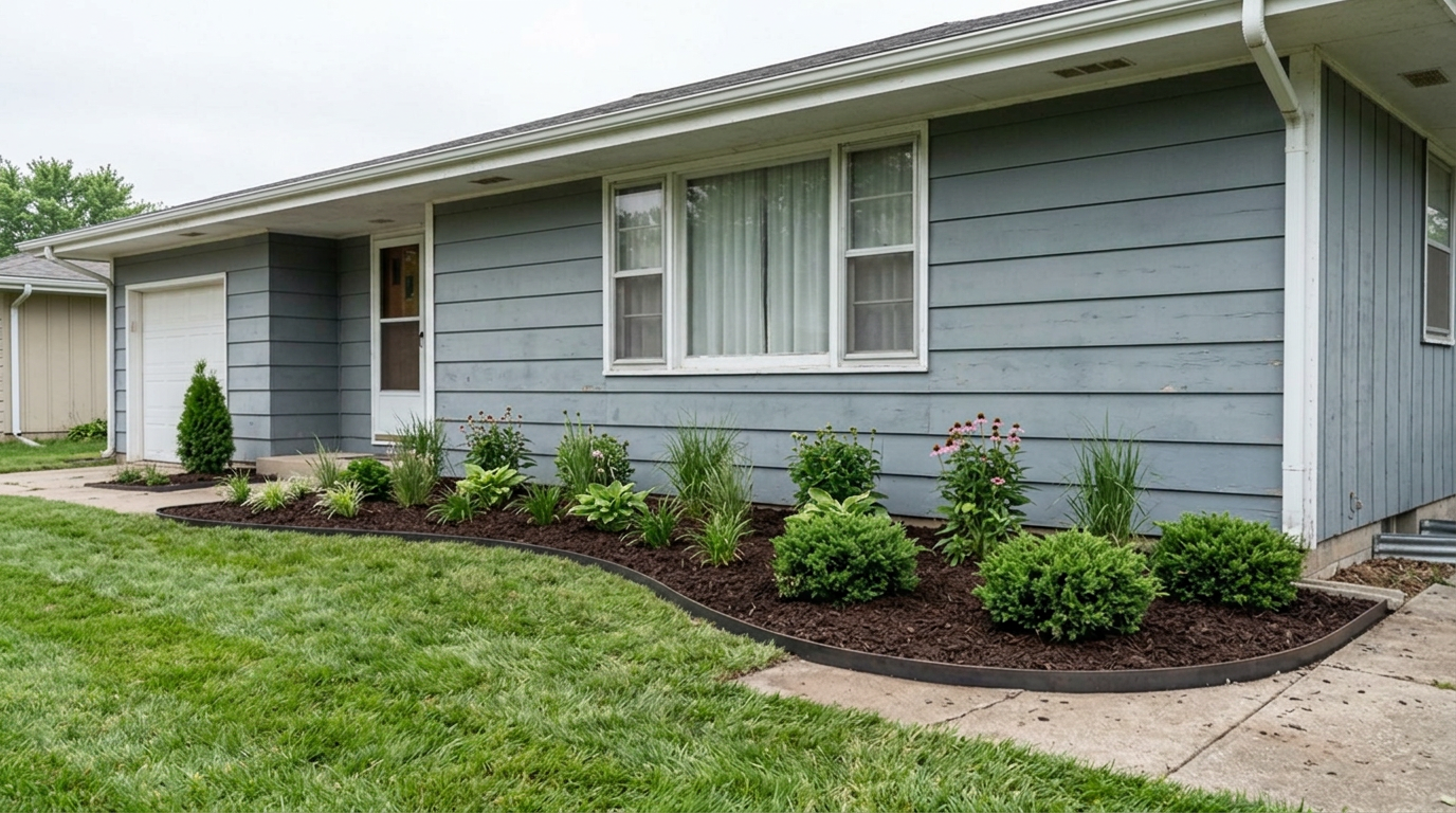 Newly planted foundation bed with fresh mulch and layered shrubs