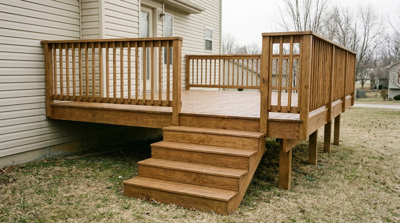 Rebuilt back deck with new boards, railing and stair treads
