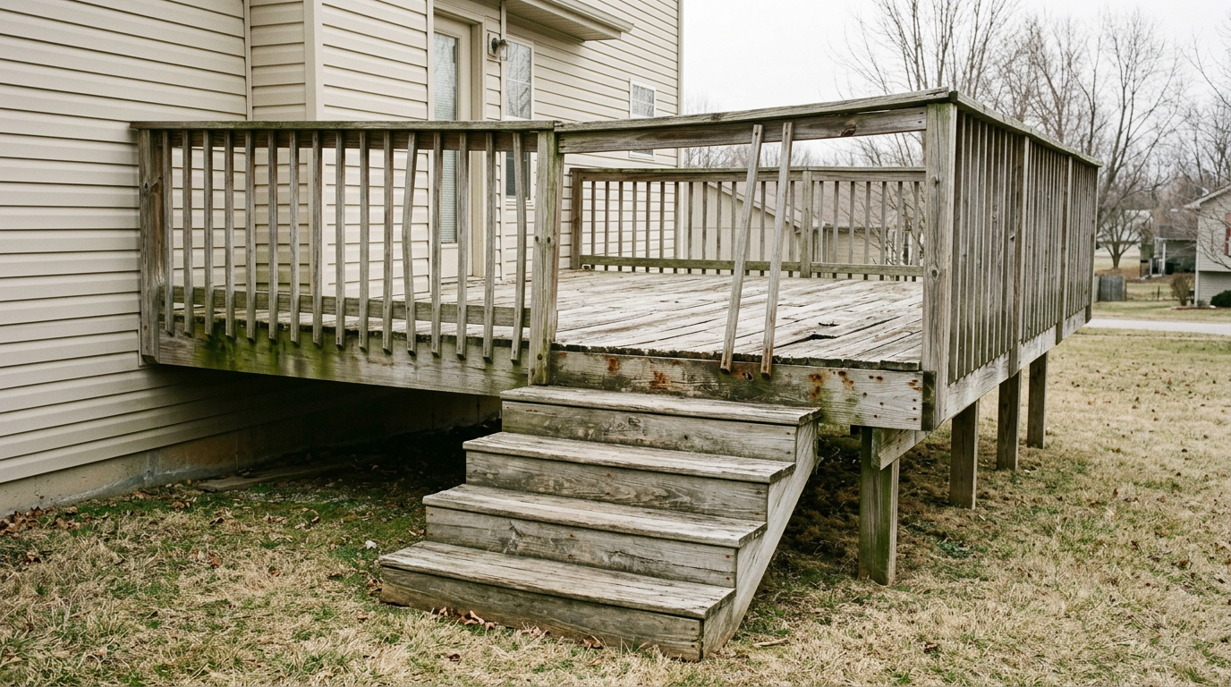 Before: graying deck boards with splitting surface and a loose railing