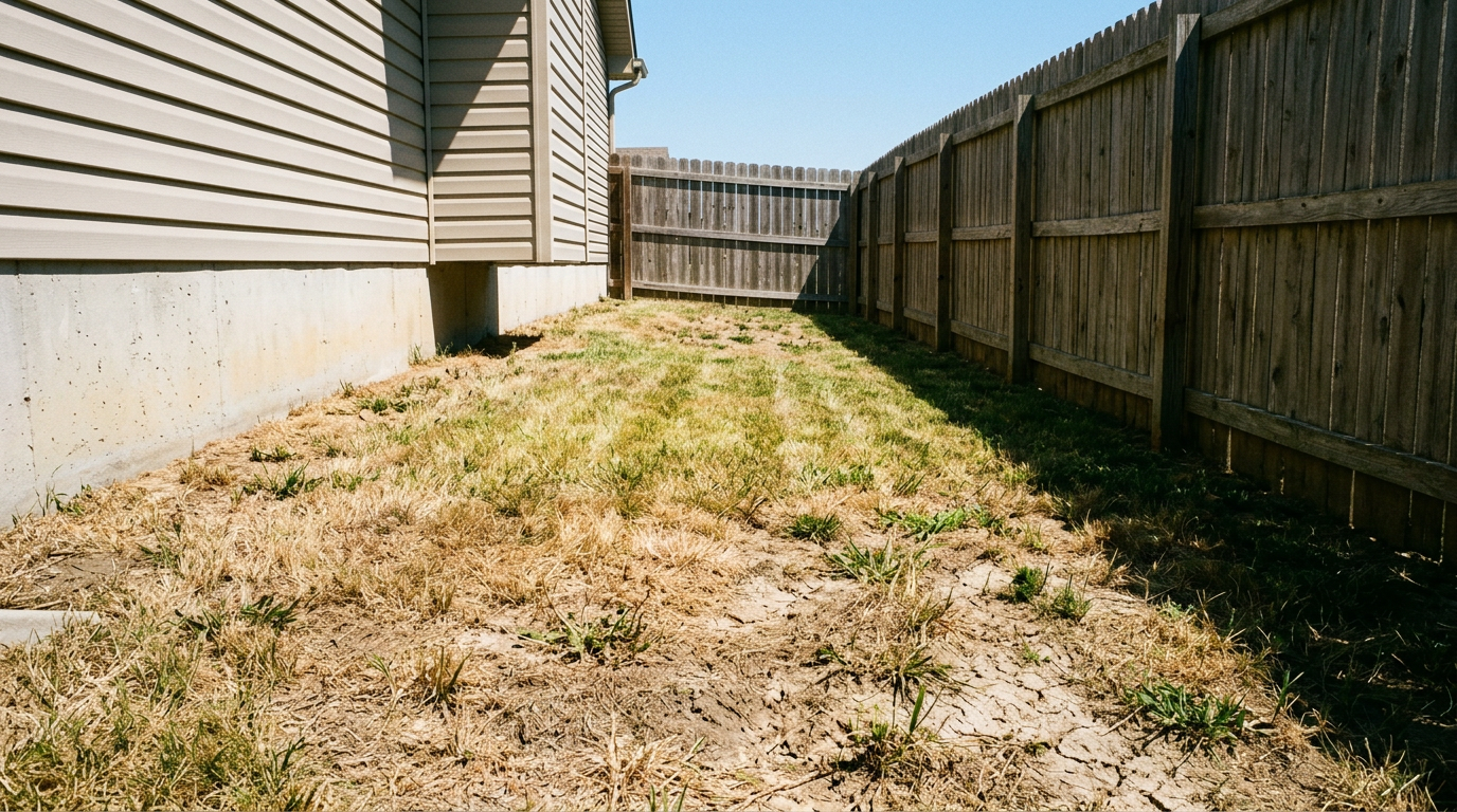 Before: thin, browning turf on a hot side yard with bare patches