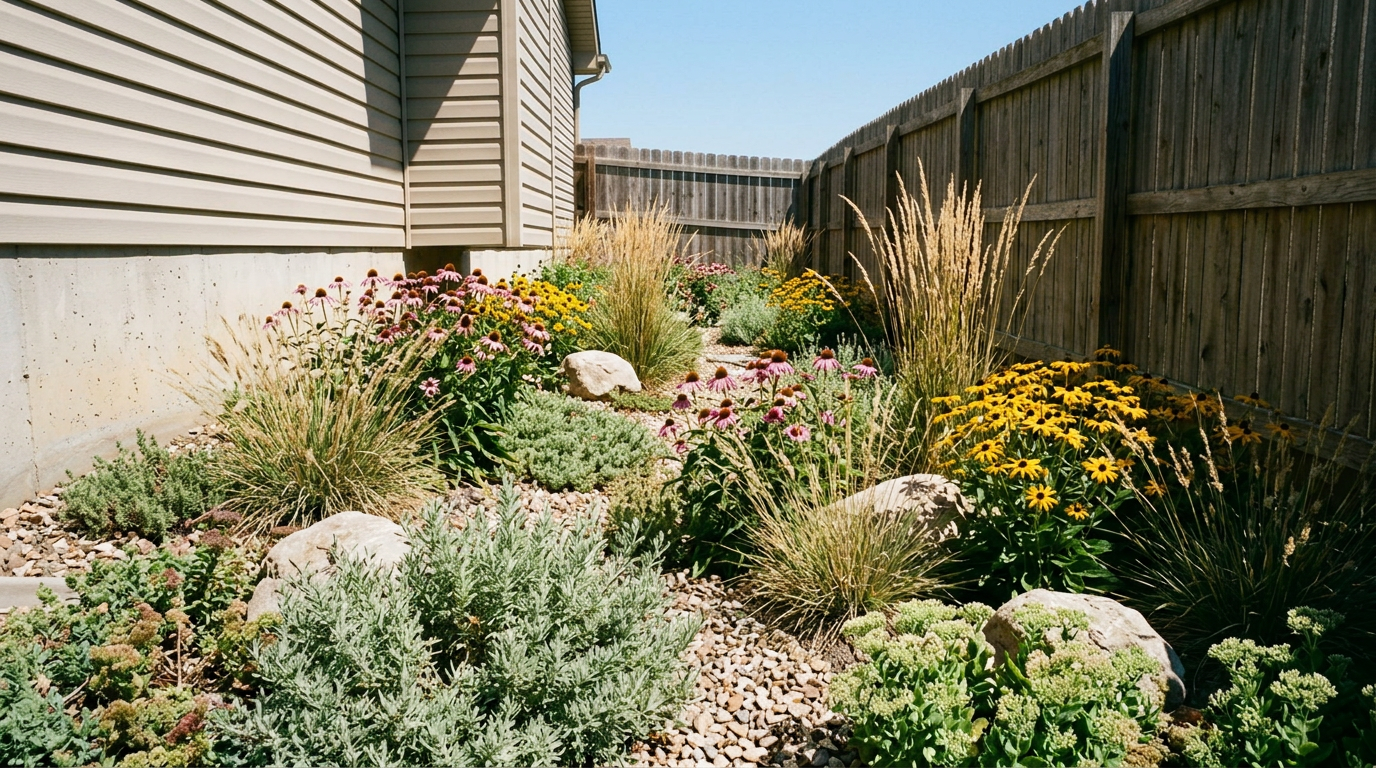 After: native grasses and drought-tolerant perennials with gravel and boulder accents