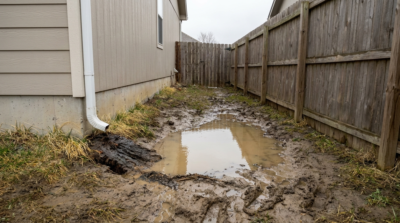Before: waterlogged side yard with standing water and bare, muddy turf