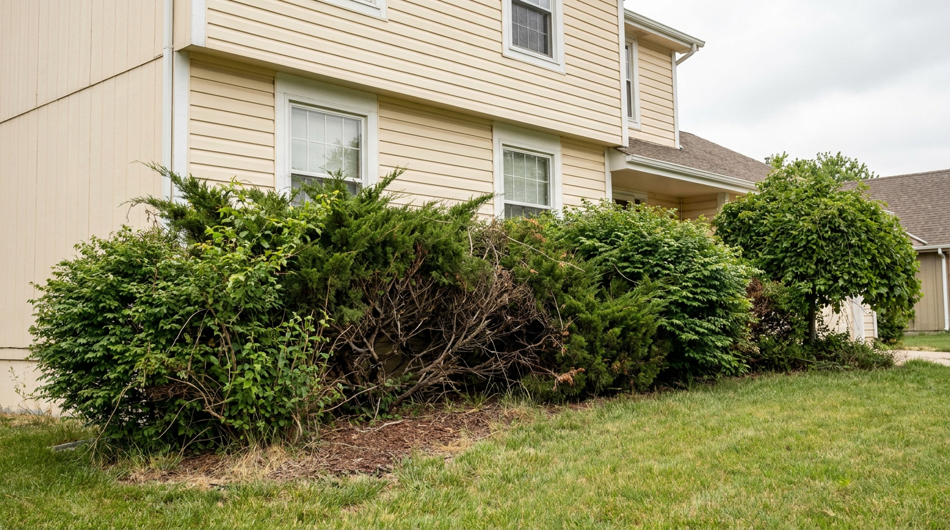Before: overgrown foundation shrubs blocking windows with bare interiors