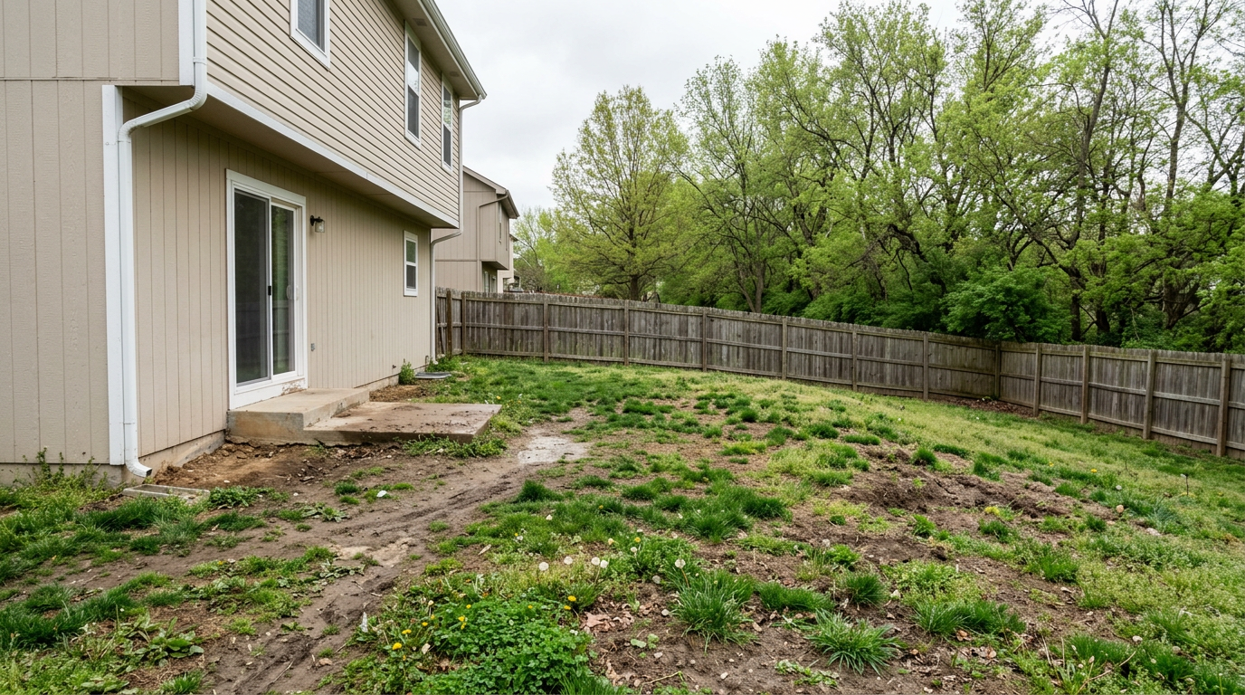 Before: sloped, patchy back yard with no usable outdoor surface
