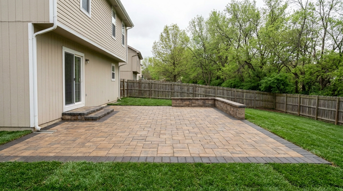Paver patio with a soldier-course border and outdoor seating