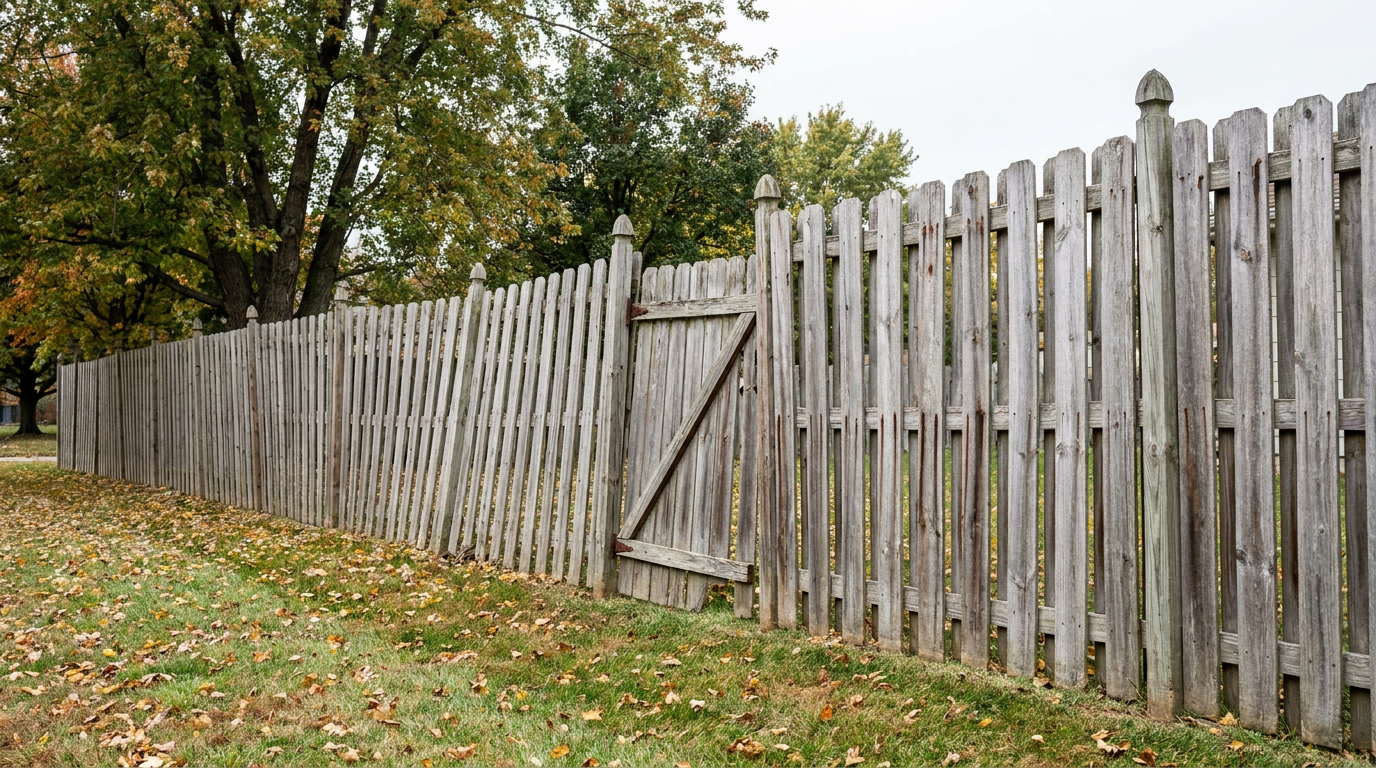 Before: leaning wood fence with sagging panels and a gate that won't close