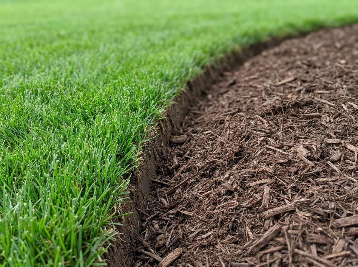 Sharp mechanical edge cut between lawn and mulch bed