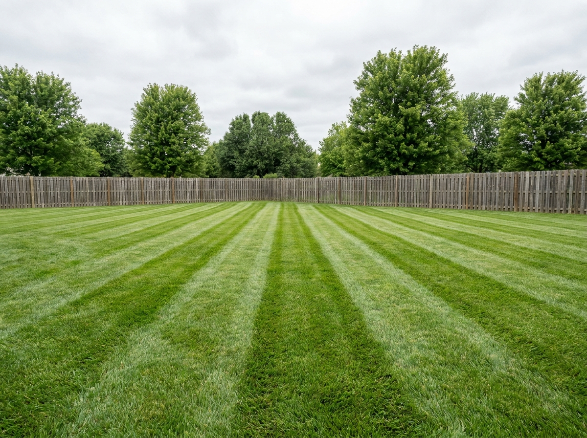 Large open back lawn mown in alternating light and dark bands