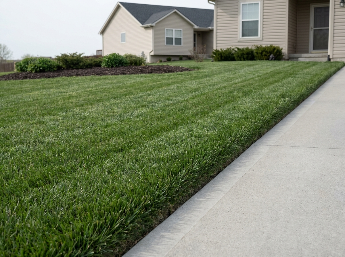 Striped, freshly mown front lawn with crisp edging along the driveway