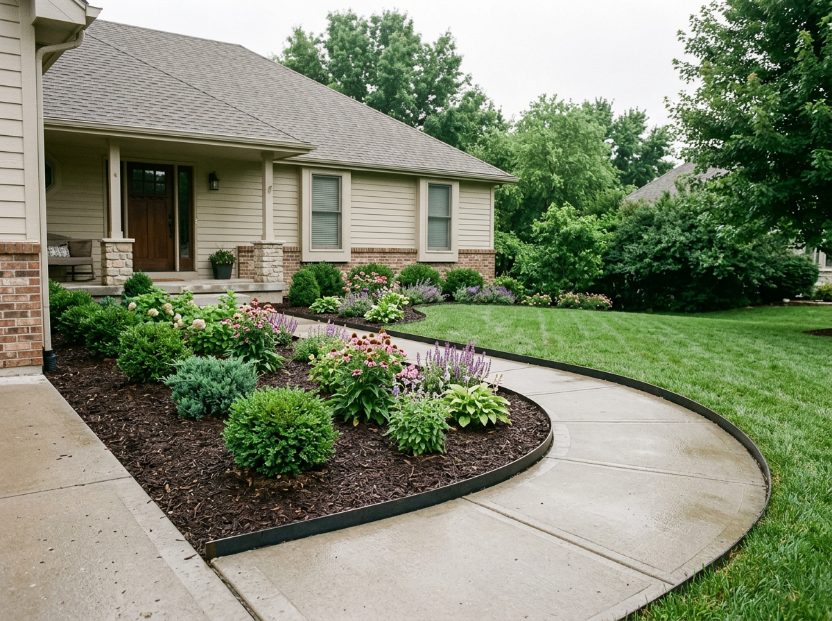 Curved steel-edged bed running the length of a front walkway