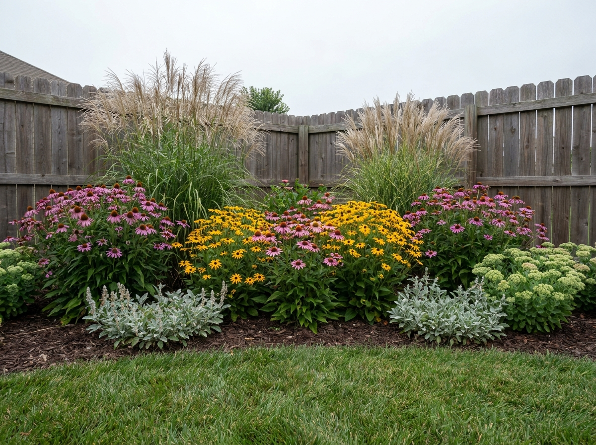 Backyard planting of ornamental grasses and perennials in bloom
