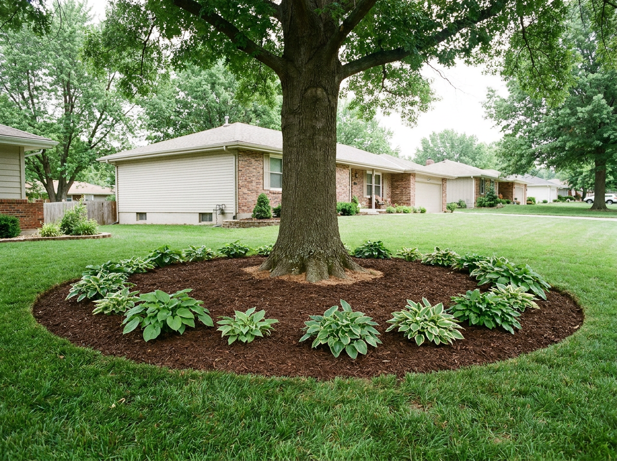 Mature tree ringed by a fresh mulch bed and low plantings