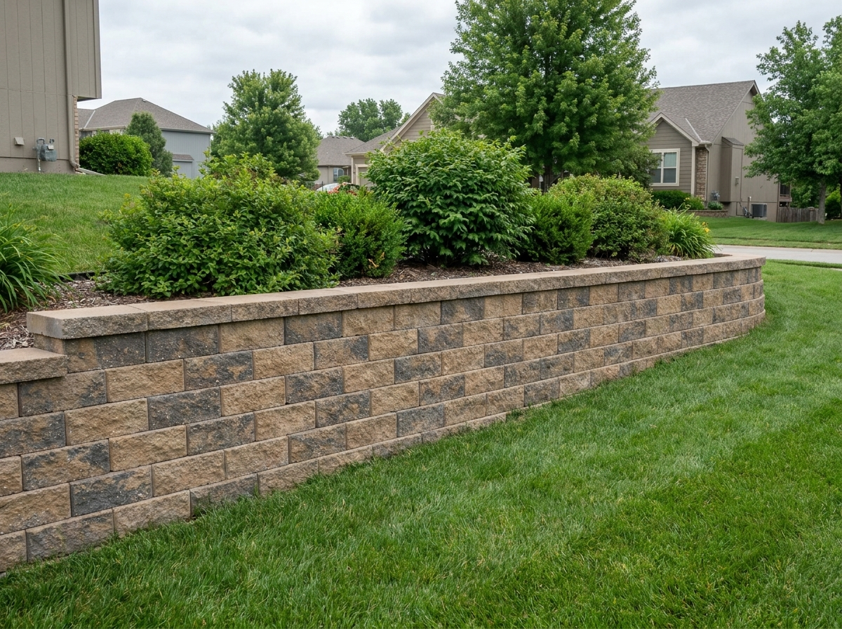 Segmental block retaining wall holding a graded slope