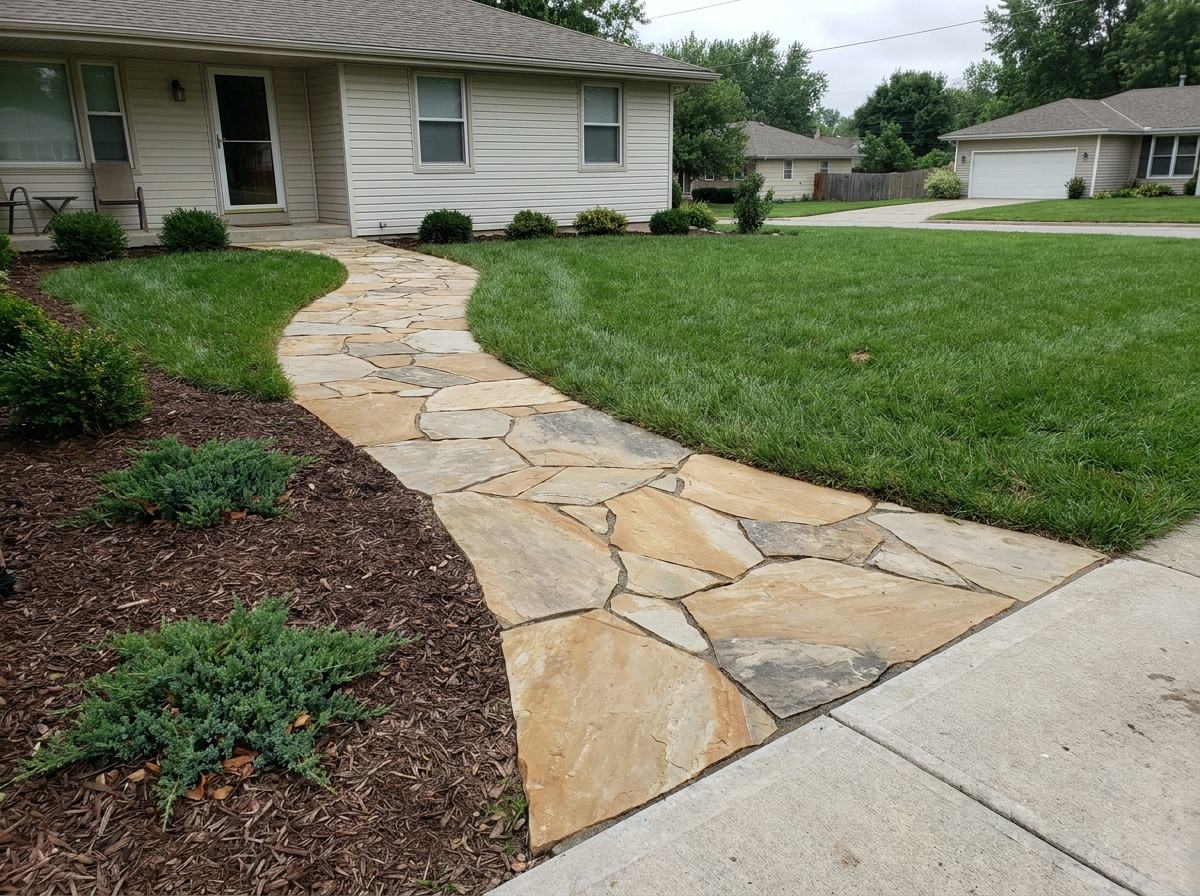 Flagstone walkway curving from driveway to front door