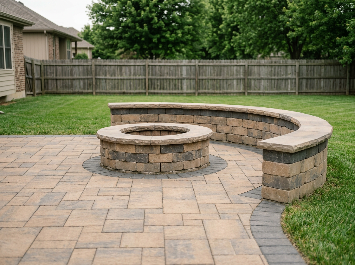 Low seat wall enclosing a fire pit area on a paver patio