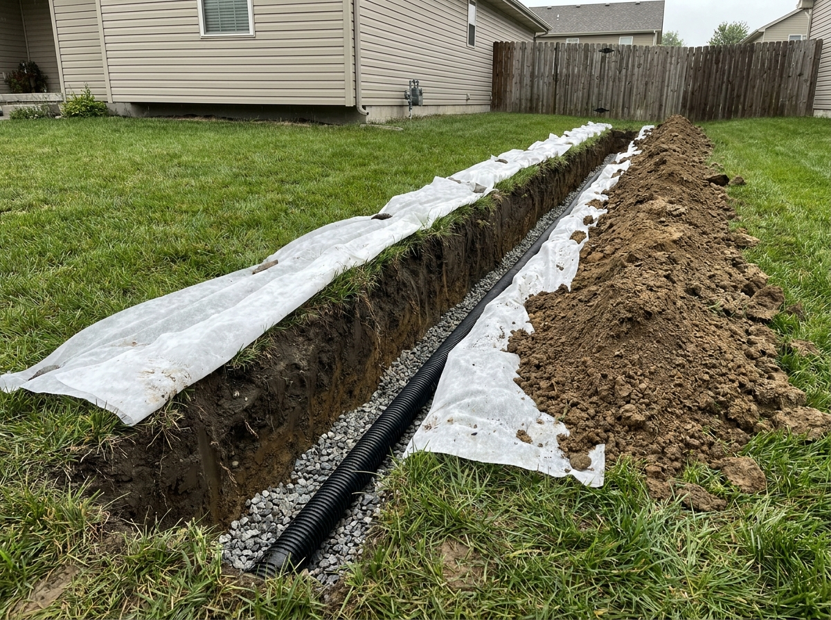 Open trench with perforated drain pipe and gravel before backfill