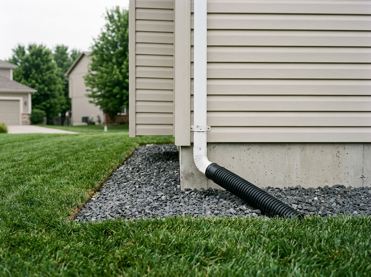 Downspout extension tied into buried drain line at a foundation corner
