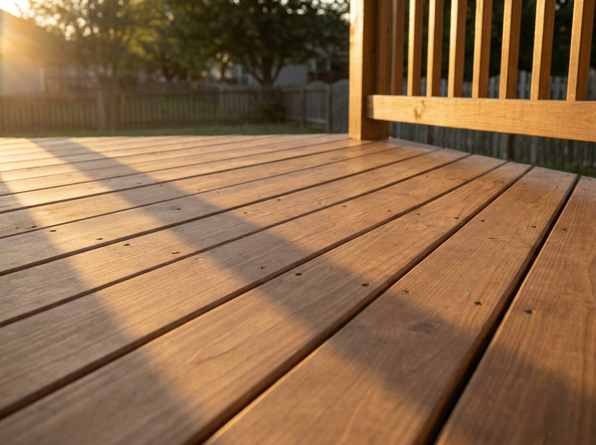 Freshly stained deck boards catching low evening light