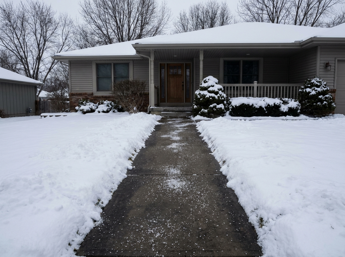 Cleared and salted walkway leading to a front entry after a storm