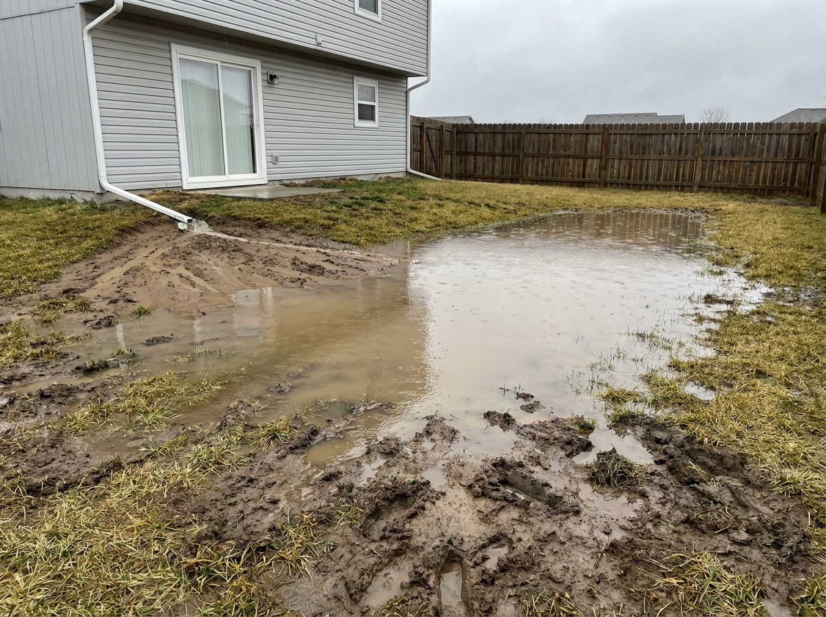 Before: bare, compacted back yard with a low spot holding water