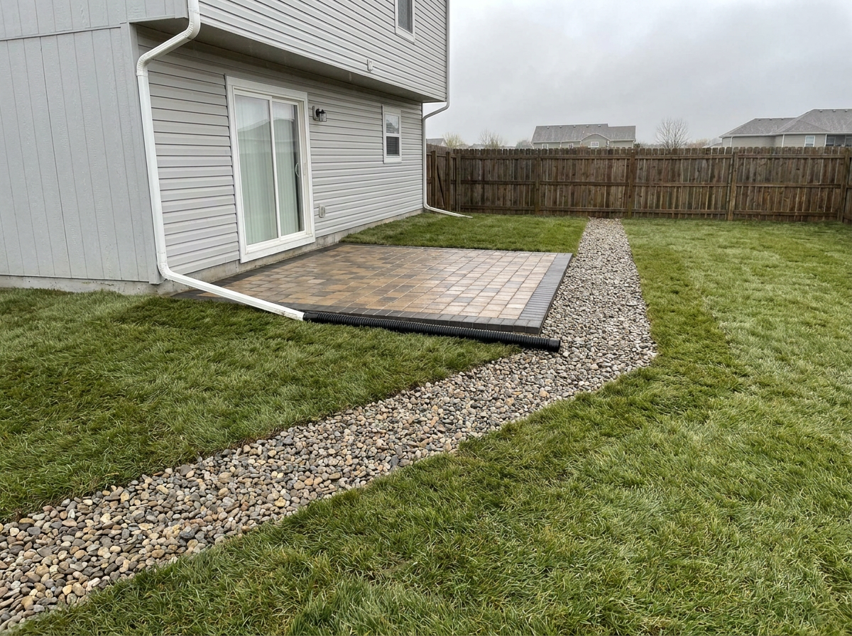 After: regraded yard with a paver patio and drainage routed away from the house