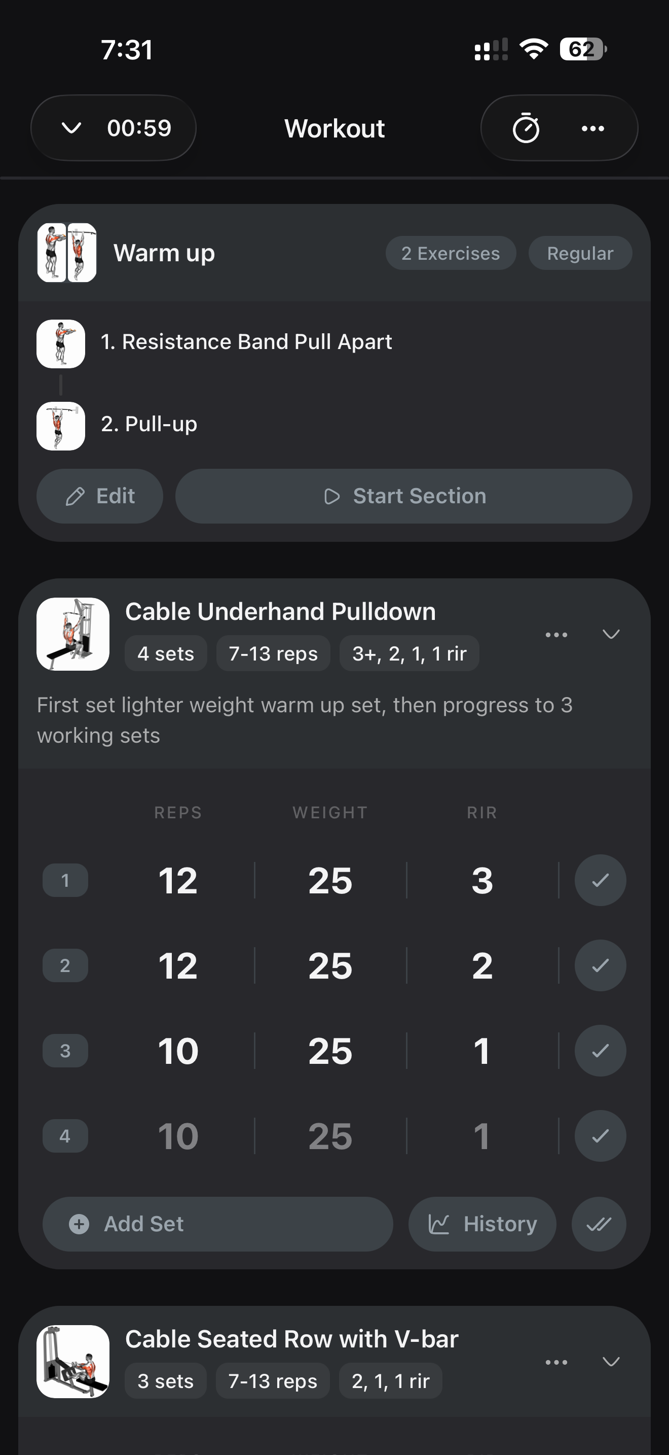 Workout tracking in the app
