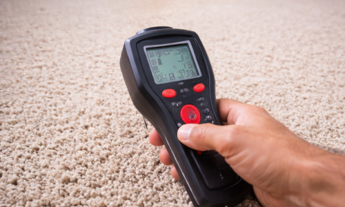 technician checking carpet moisture with meter