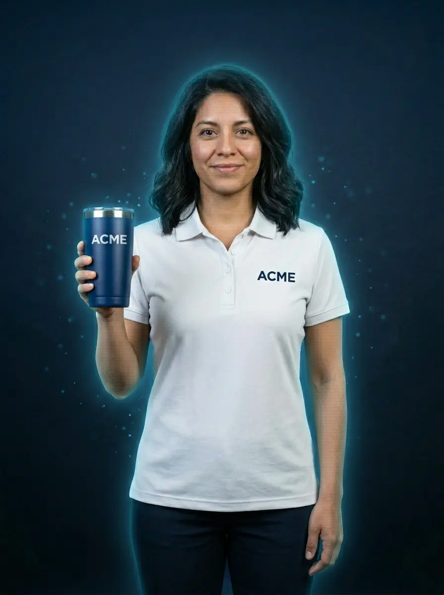 ACME-branded team member holding a branded tumbler, representing MPower Global's personalized client outreach and SMS voice solutions