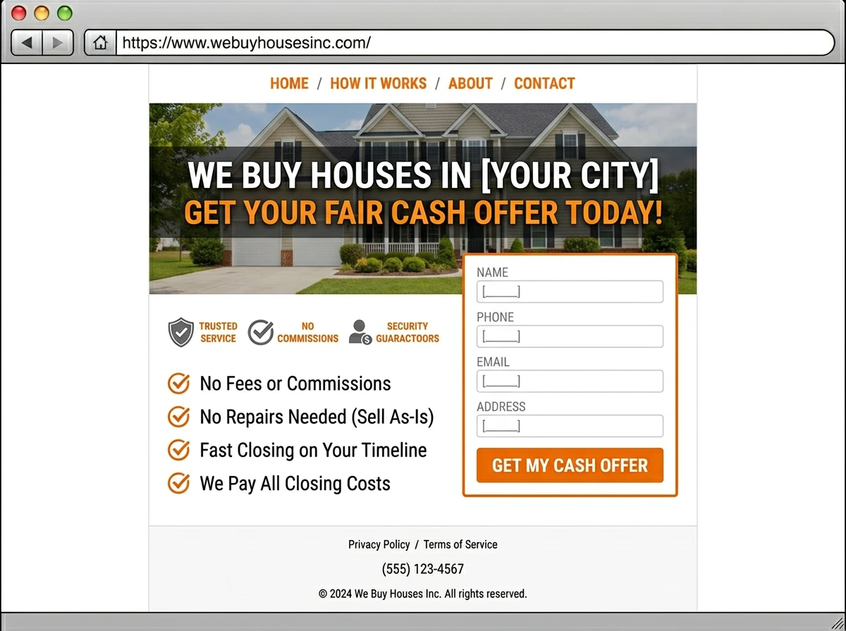 Real estate cash offer landing page with lead capture form, showcasing MPower Global's appointment setting and lead nurturing solutions for home buyers