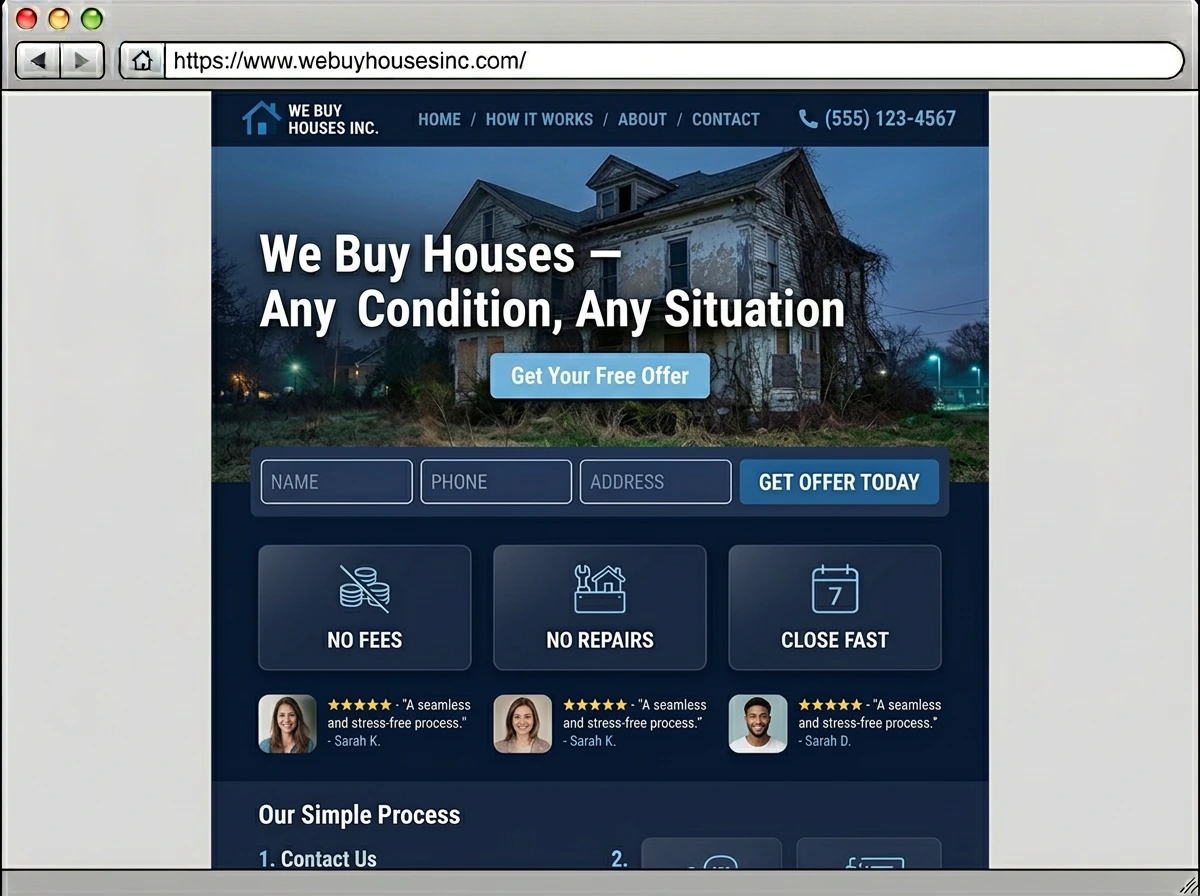 Real estate lead generation landing page with contact form and testimonials, demonstrating MPower Global's CRM automation and appointment setting for home buying services