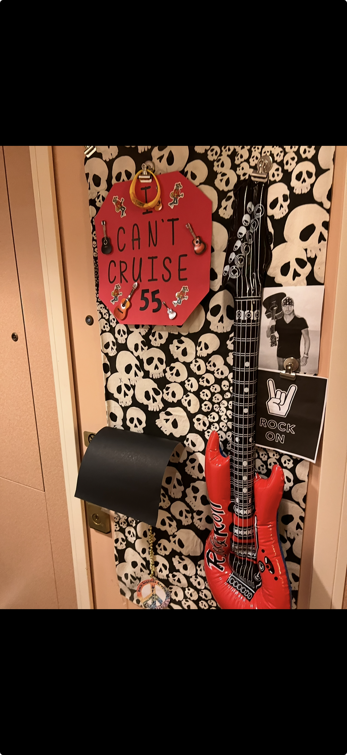 Cruise cabin door with black and white skull magnetic wrap custom sign inflatable guitar and magnetic mailbox pocket Cruise cabin door with black and white skull magnetic wrap custom sign inflatable guitar and magnetic mailbox pocket
