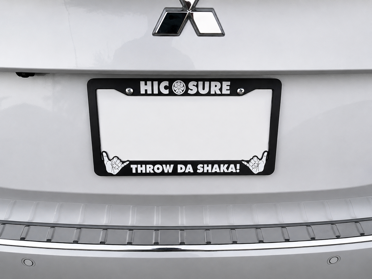Throw Da Shaka" license plate frame, Hawaii-inspired car accessory