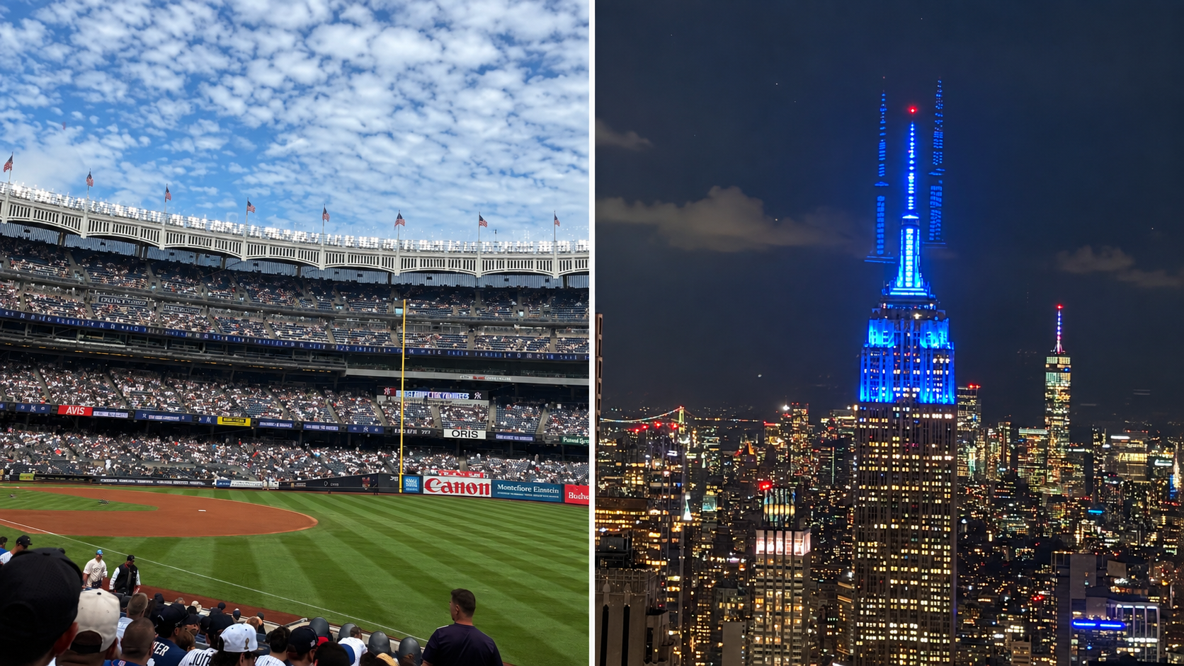 Yankee Stadium and the nighttime Manhattan skyline viewed from Top of the Rock.
