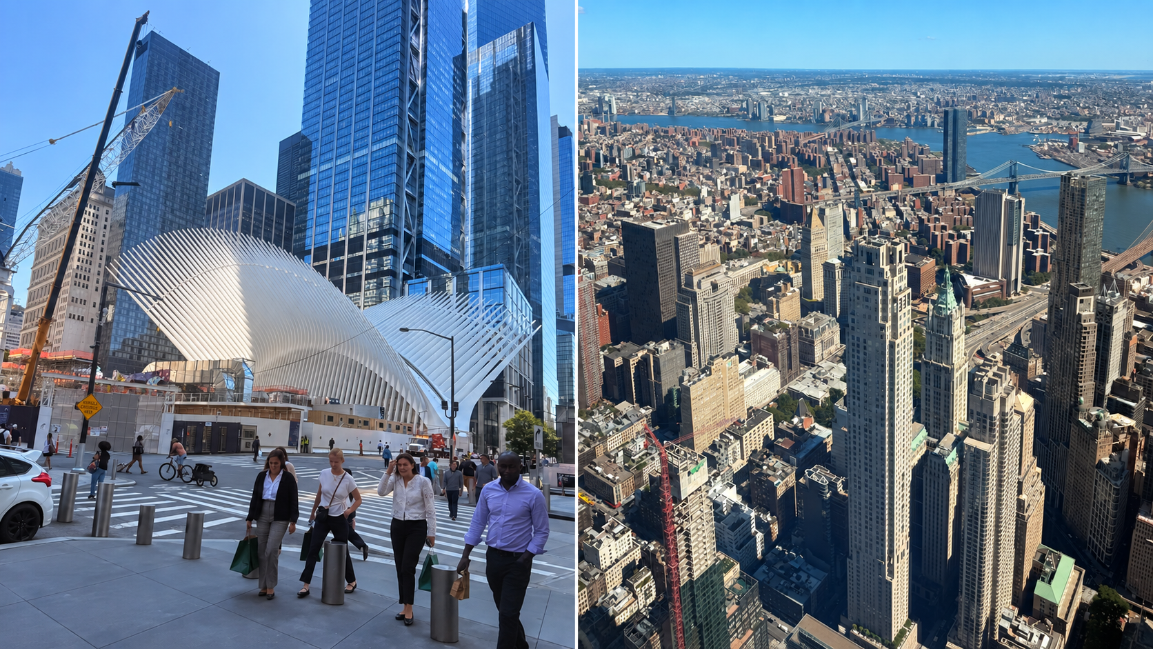 The Oculus in Lower Manhattan beside a panoramic view from One World Observatory.