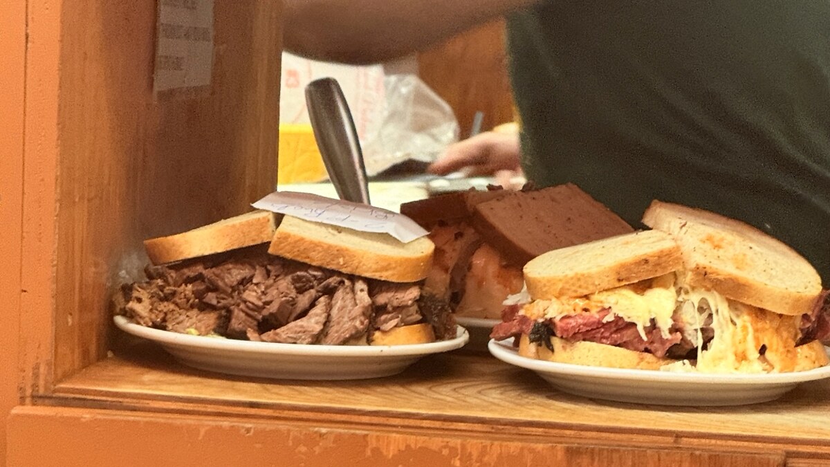 Pastrami and turkey sandwiches being prepared at Katz’s Delicatessen in New York City.