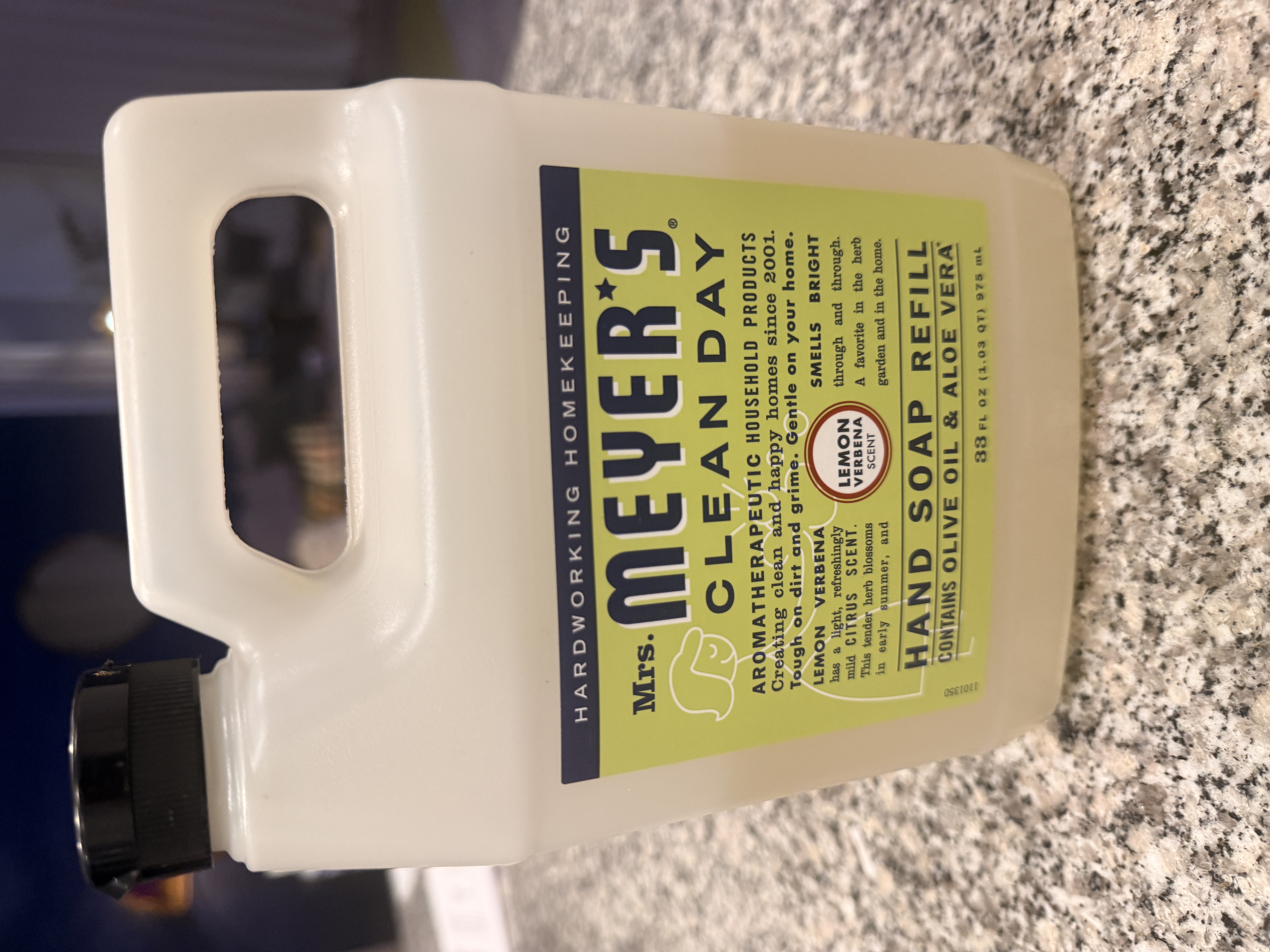 Mrs. Meyer’s Clean Day lemon verbena hand soap refill on a kitchen countertop. Mrs. Meyer’s Clean Day lemon verbena hand soap refill on a kitchen countertop.