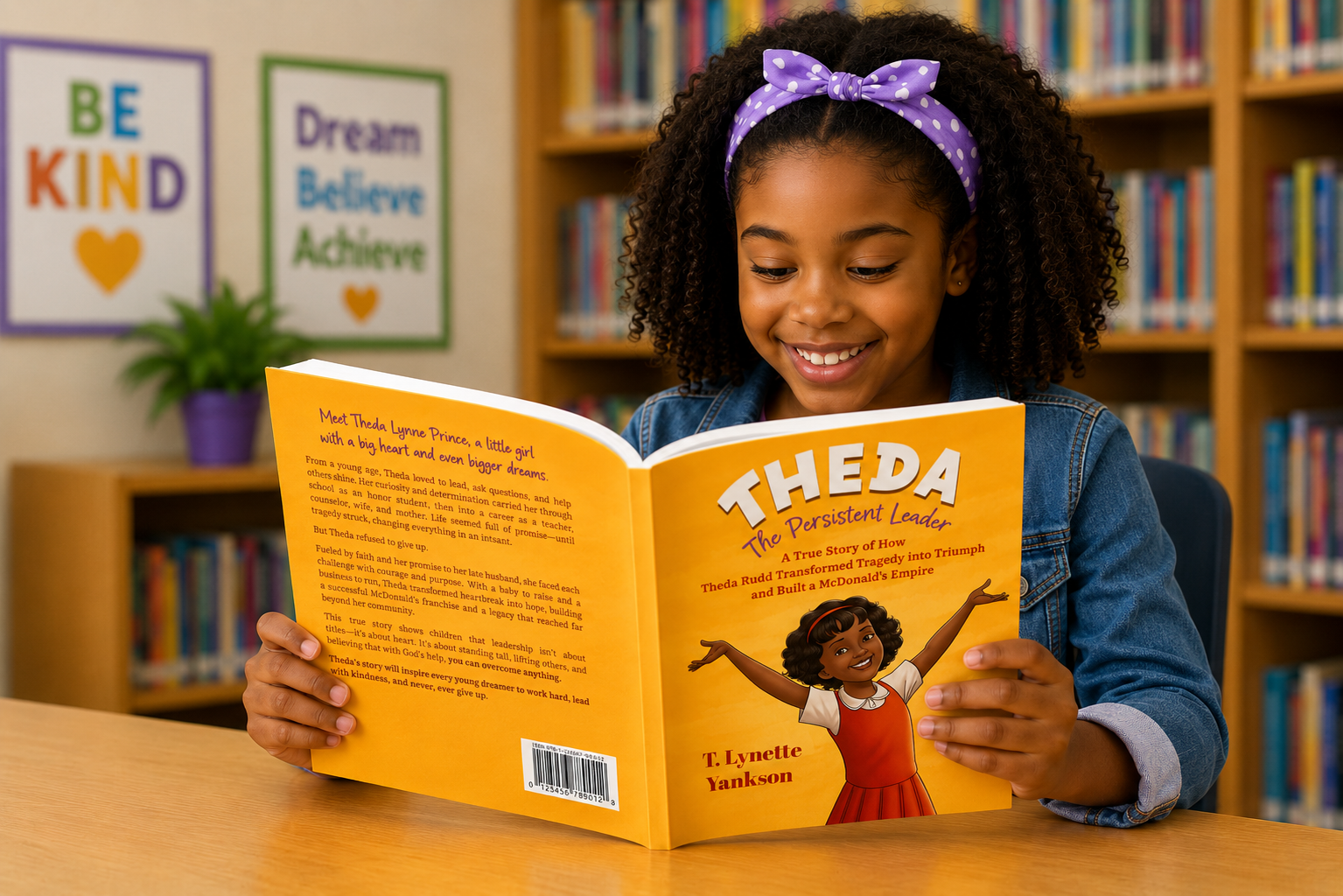 A girl reading Theda the Persistent Leader in the library