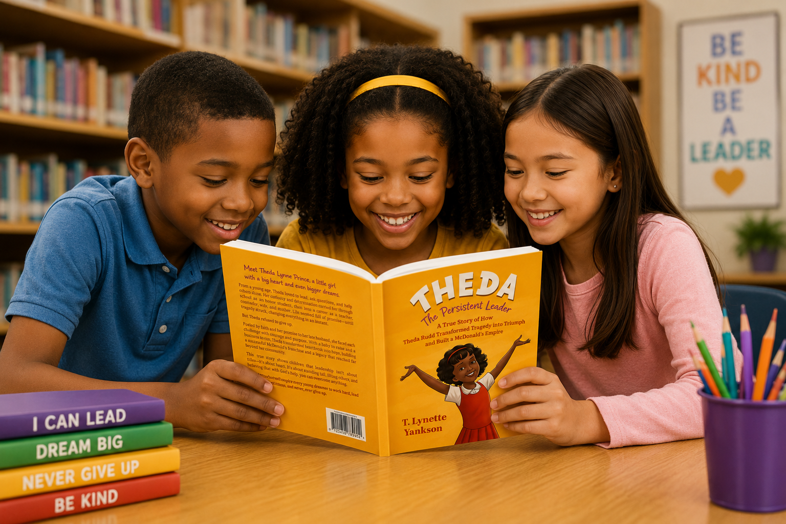 Three children reading Theda the Persistent Leader together