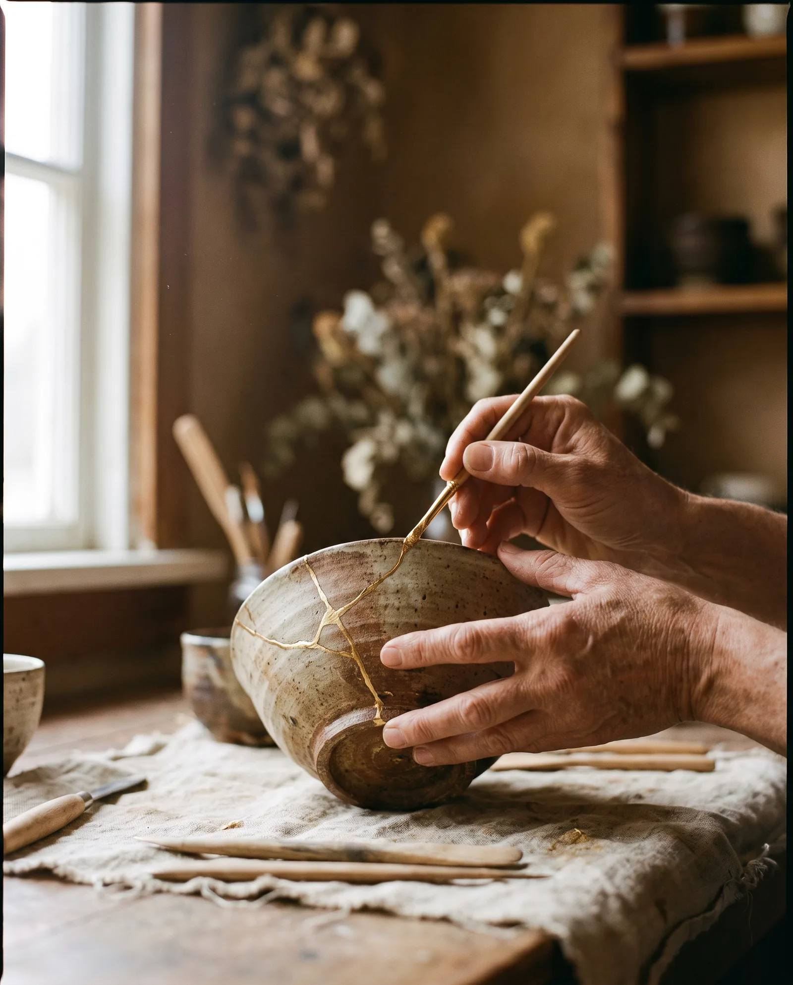 Hands repairing pottery with gold, the art of kintsugi