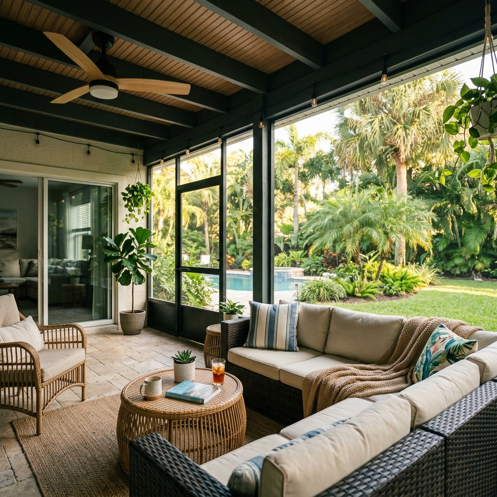 Cozy screened lanai interior in Brandon, FL