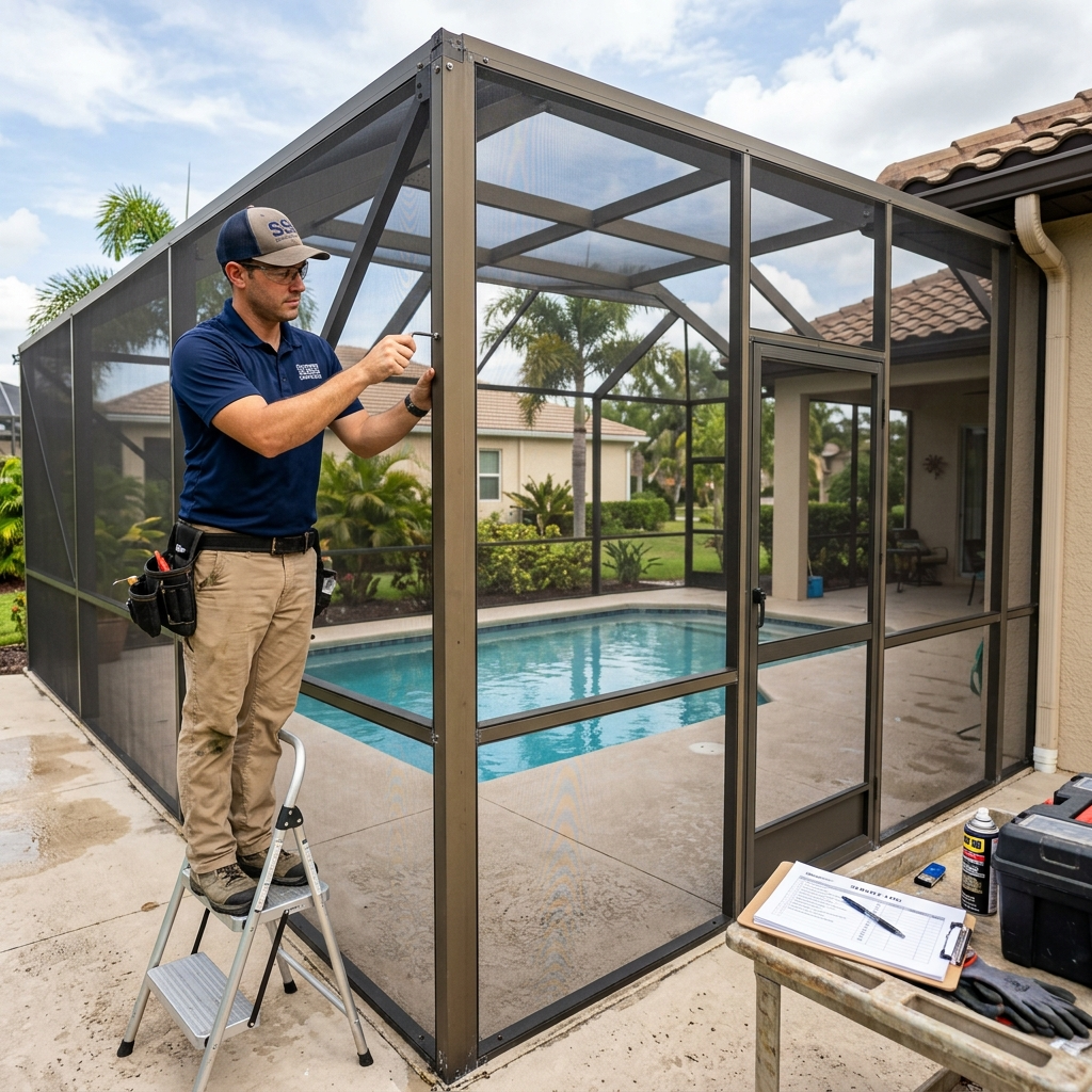 Technician performing screen enclosure maintenance inspection in Brandon, FL