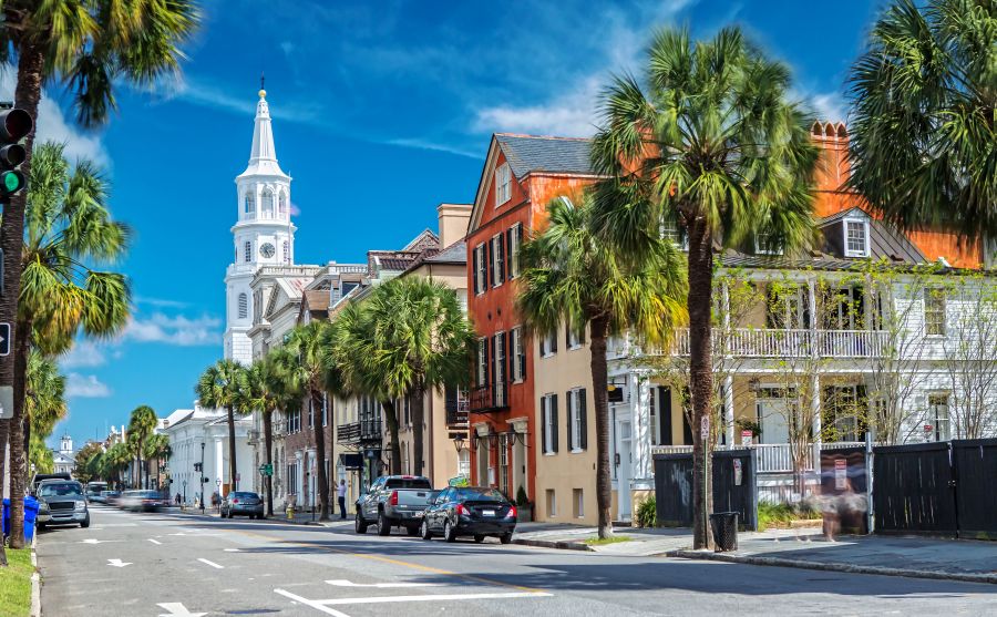 Charleston, South Carolina coastal residential area with southern homes and oak trees