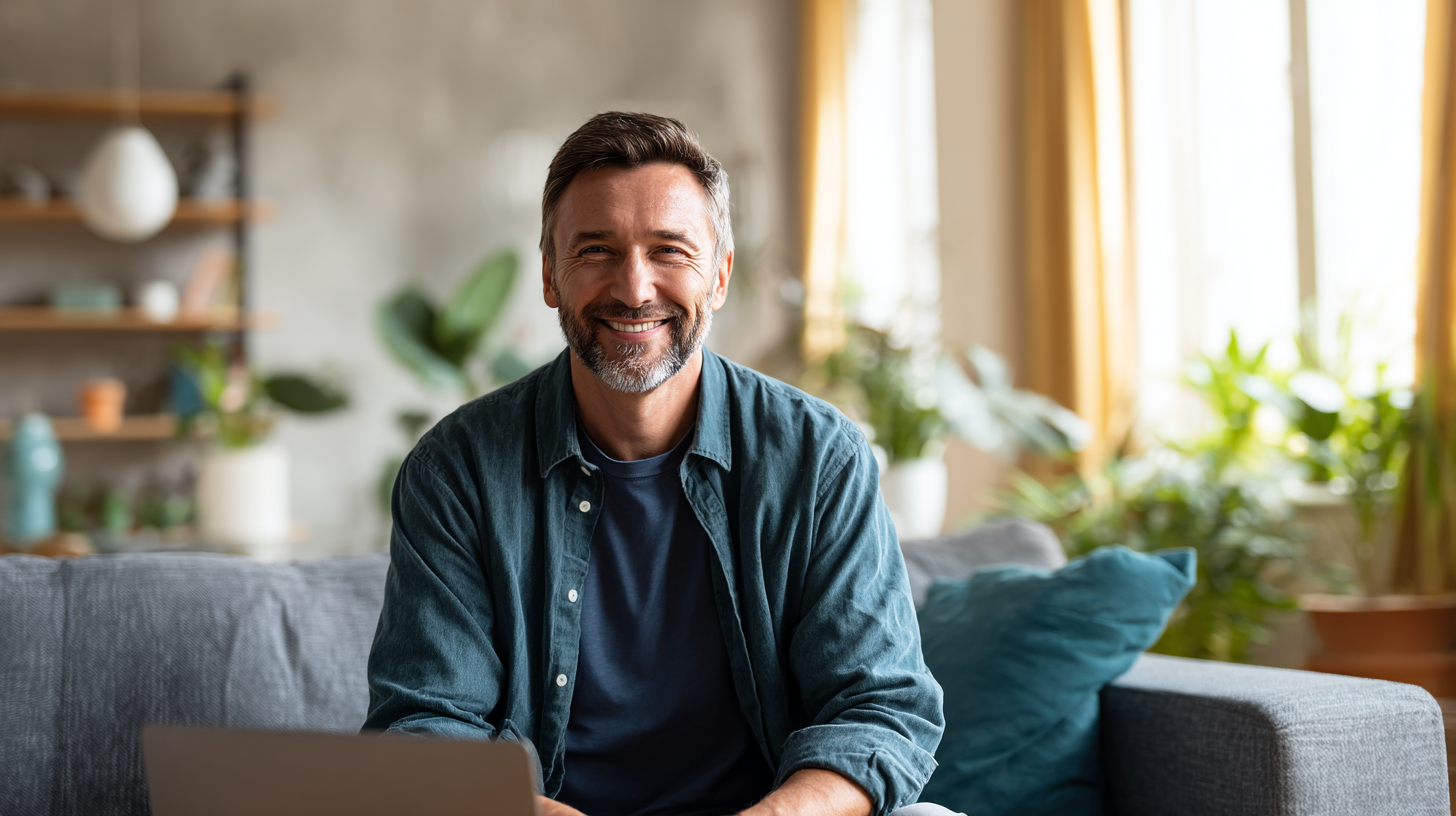 Smiling man sitting on couch at home