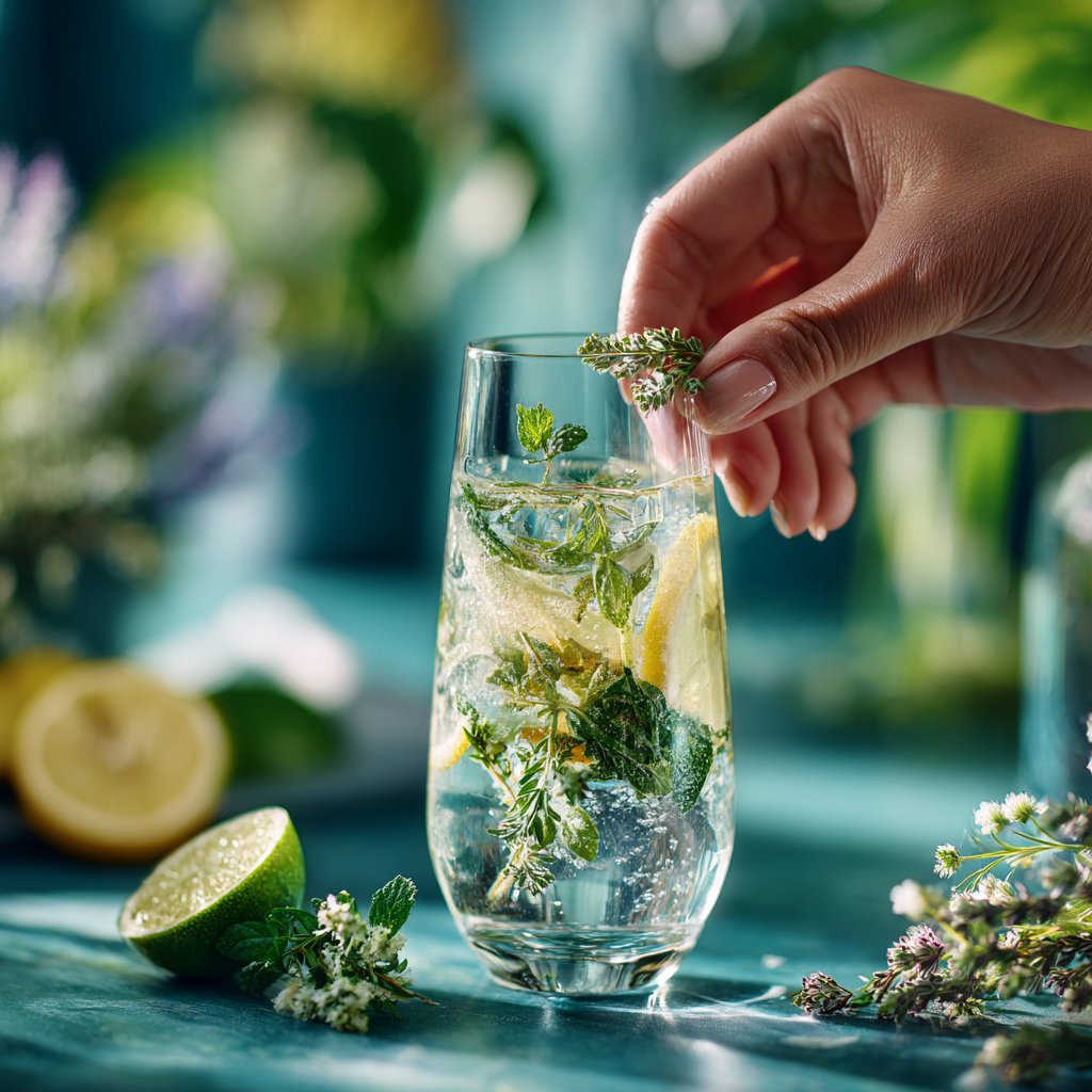 Hand garnishing a mocktail with fresh herbs