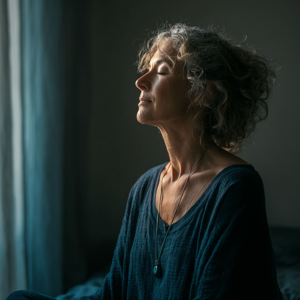 Woman in contemplation looking out window