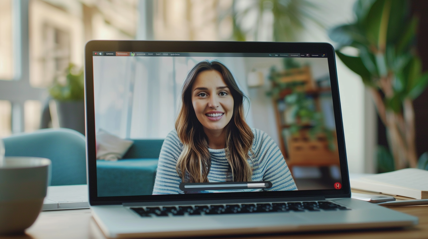 Woman on video call displayed on laptop screen