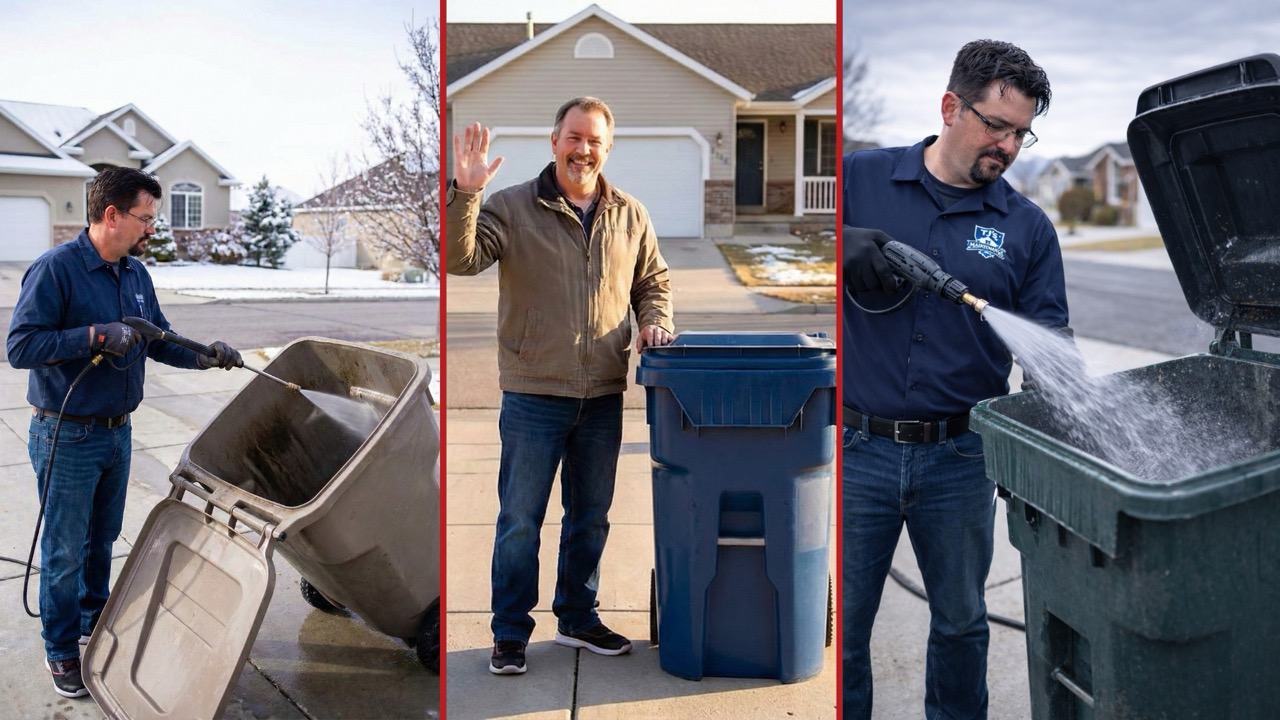 TJ’s Maintenance Service cleaning a residential trash bin in Tooele, Utah