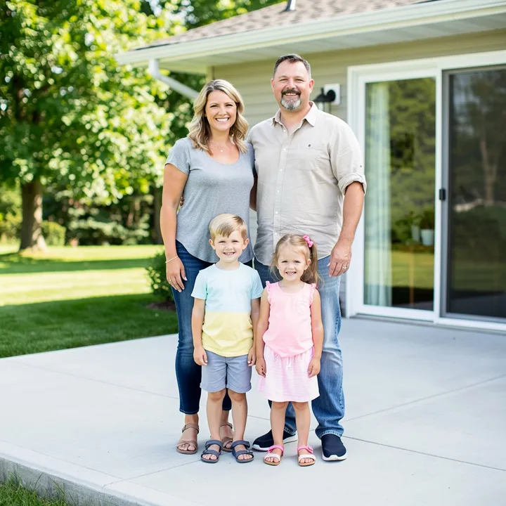 Rachel Norberg and her family standing proudly on their new concrete patio in Crosslake, Minnesota