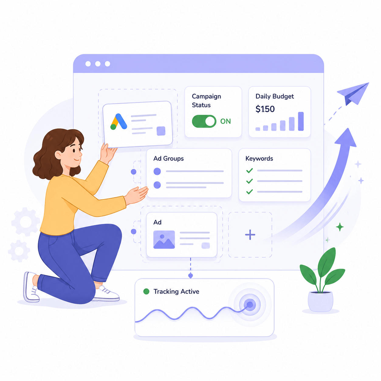 Google Ads campaign being built and switched on, with tracking active